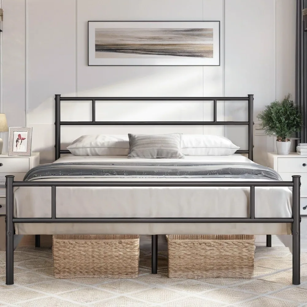 

VECELO Metal Platform Bed Frame Queen Size with Headboard and Footboard, 12'' Under-Bed Storage & Strong Slats Support, No Box S