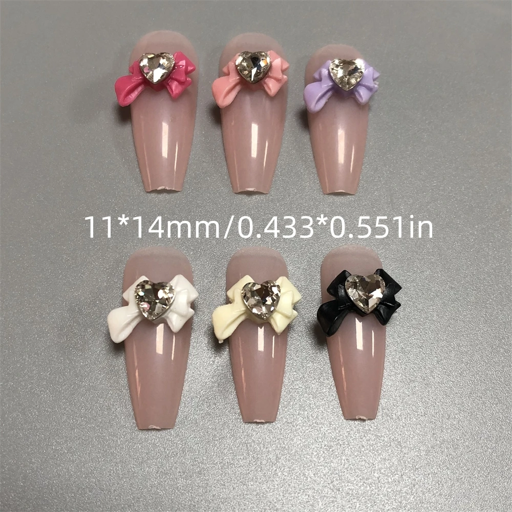 Y2K Gorgeous Peach Blossom Pink Purple Resin Bowknot Tie Heart Rhinestone Nail Art Charms Decoration Crystal Diamond Akcesoria