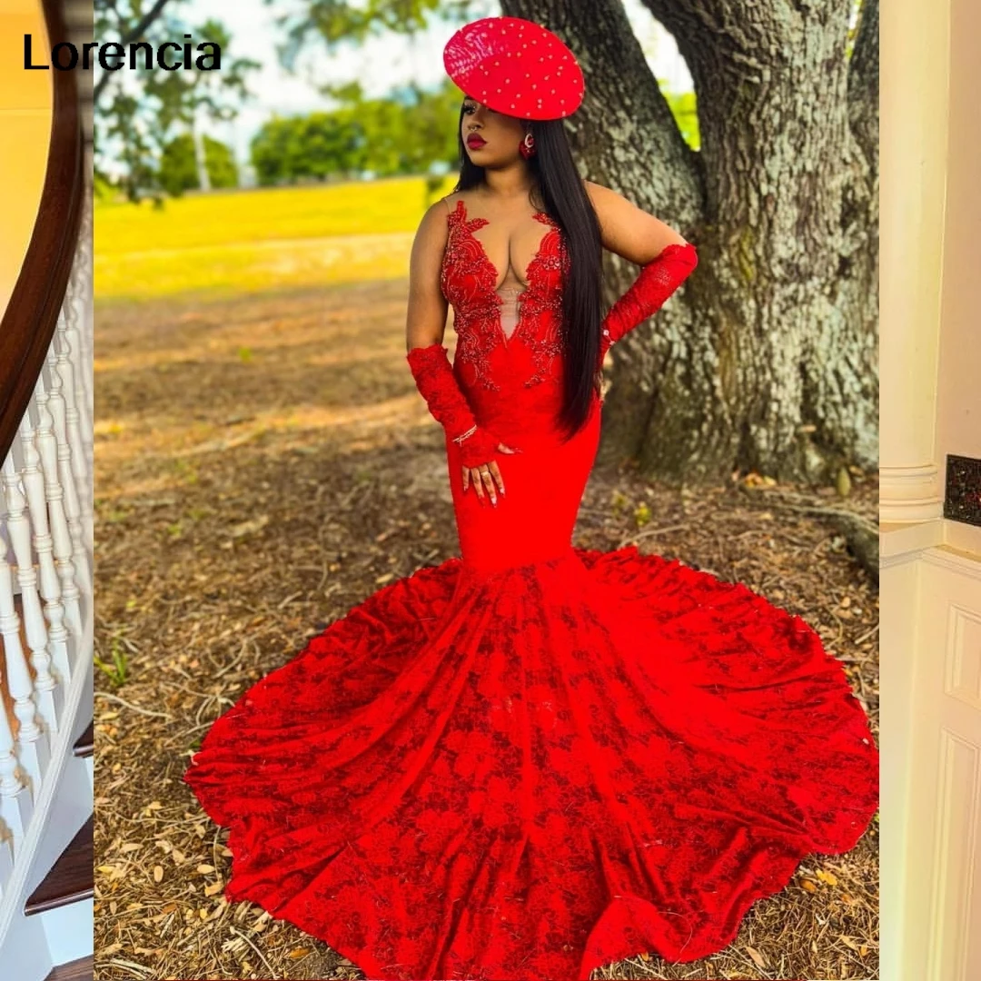 

Lorencia Sexy Red Mermaid Prom Dress For African Black Girls V Neck Crystals Beaded Formal Party Gowns Vestidos De Gala YPD97