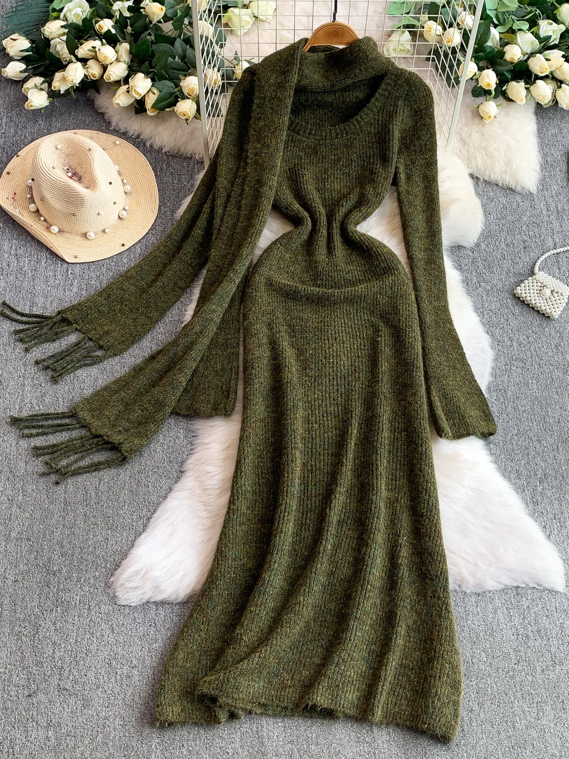 

Plu Scarf round Ne Dr Women Ele Slim Fit Long Sweater Dr High Waist A-Line Skirt Anti-Pilling Winter Faion