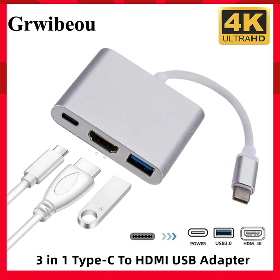 

3 in 1 Type C To HDMI-compatible USB 3.0 Charging Adapter USB-C 3.1 Hub for Mac Air Pro Huawei Mate10 Samsung Plus MacBook Dell