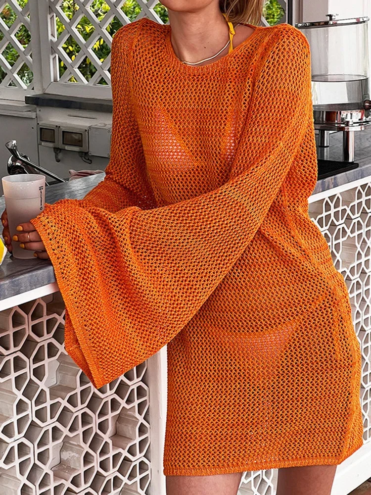 ใหม่บิกินี่ผู้หญิงชายหาด COVER-UPS Flare Sleeve ดูผ่านชุดชายหาดเปลือยฤดูร้อนแฟชั่นหญิง Beachwear