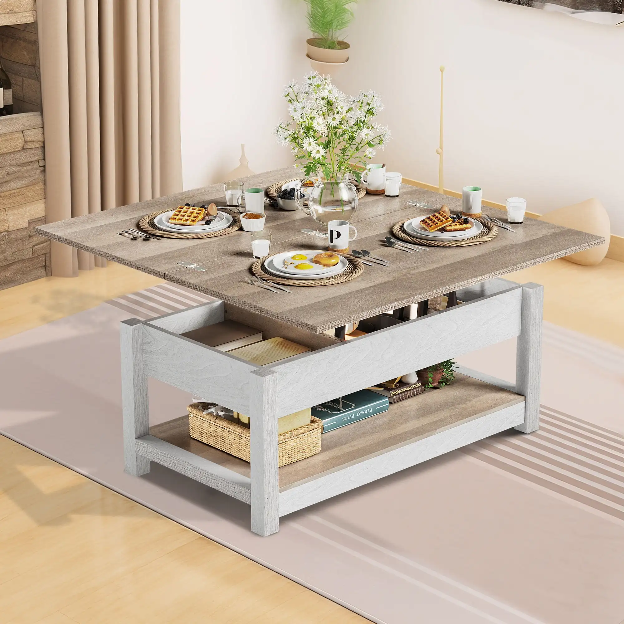 NEW Farmhouse Lift Top Coffee Table, 3 in 1 Multi-Function Center Table with Storage for Living Room, USA