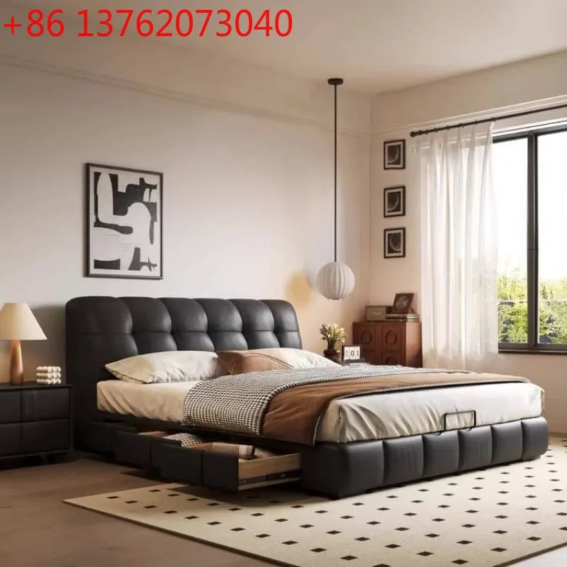 Cabecero de Cama Doble de Lujo Tapizado con Organizador, Cama Queen Size, Cabeceros de Cama Doble de Madera, Muebles para Dormitorio
