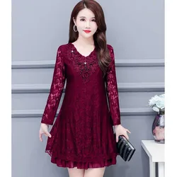 Elegant V-Neck Spliced Gauze Embroidery Beading Lace Dress Women's Clothing 2024 Spring Summer New Loose Office Lady Mini Dress