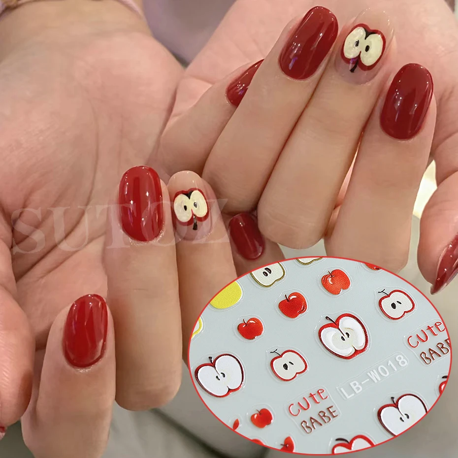 3D Christmas Apples Nail Stickers Red Yellow Cute Babe Half-cut Apple Xmas Festive Apple Fruit New Year Nails Art Decals #LB-W