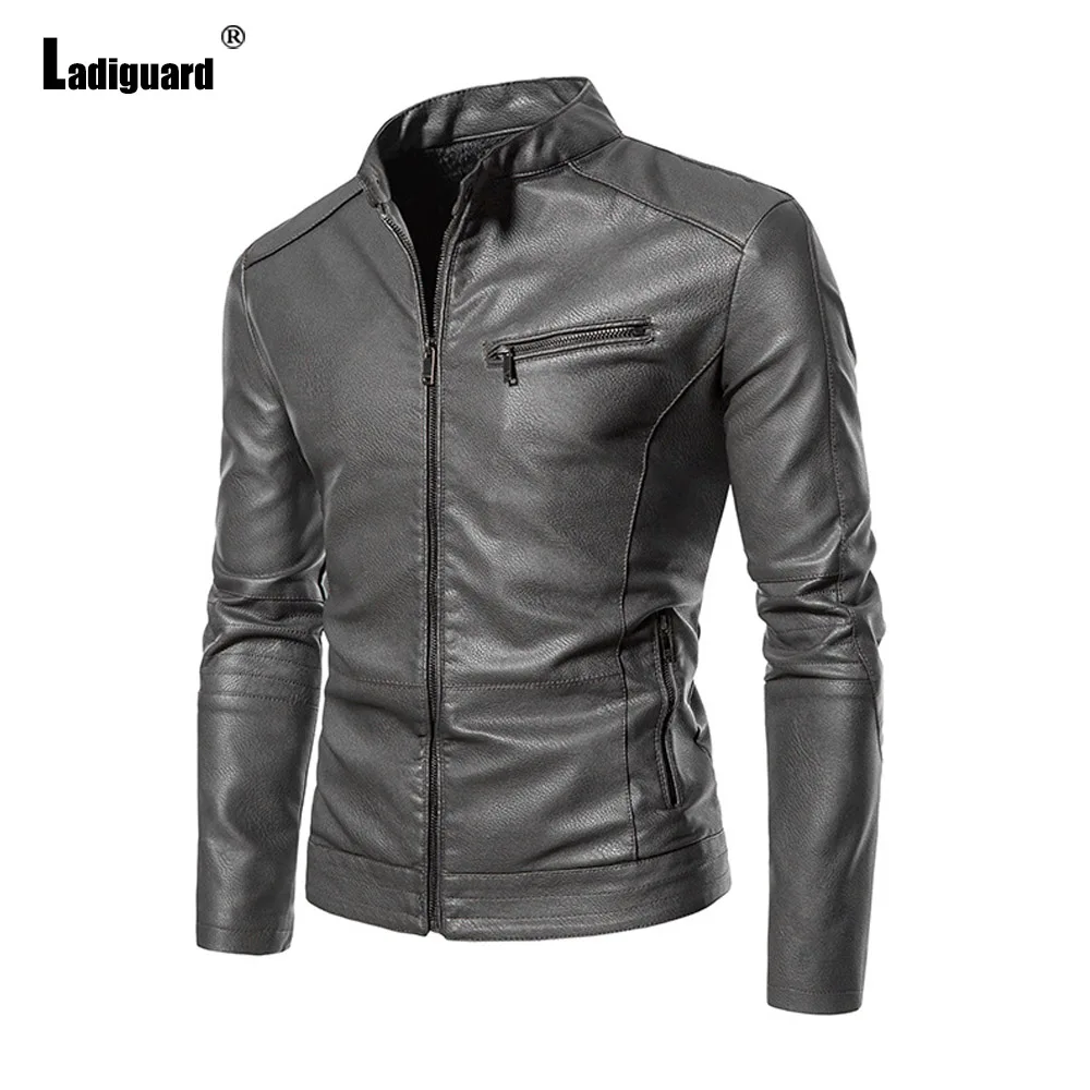 Men's Pu Leather Jackets Mandarin Collar Outerwear Gray Soft Luxury Faux Leather Jacket Mens Motorcycle Fashion Zipper Coats New