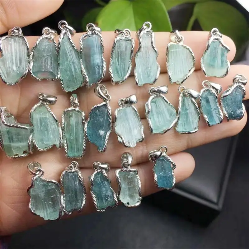 S925 Natural Raw Blue Tourmaline Pendant Crystal Stone Hand Made Carved Crystal Fashion Carved Figurine Gifts 1PCS