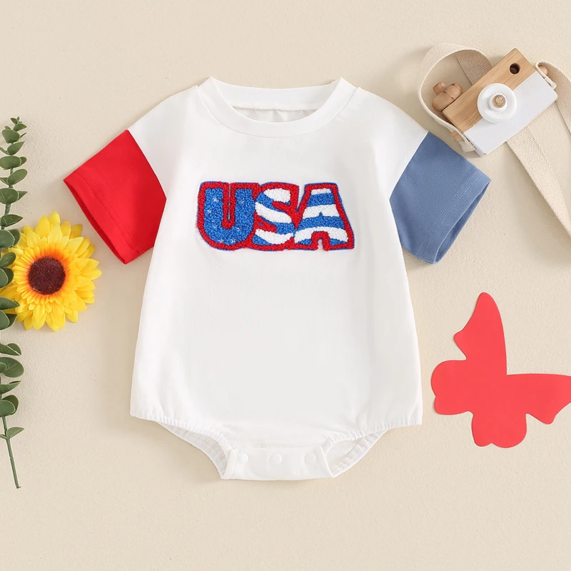 

2024-03-07 Lioraitiin Baby Girls Boys Independence Day Romper Short Sleeve Crew Neck Embroidery Letters Summer Jumpsuit Clothes