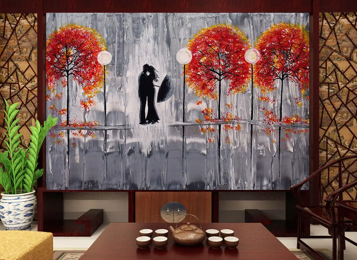 Abstract Couple Painting Valentine Wall Art Romantic Wall Art Autumn Landscape Lovely Wall Decor Hand Painted Oil Painting