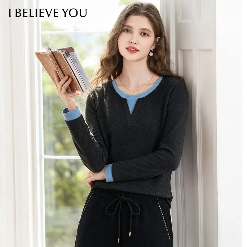 I BELIEVE YOU Women's Long-sleeve T-shirts Fleece Lined Fake Two Piece Casual Pullover 2026 Fall Winter Layering Tops 2264016527