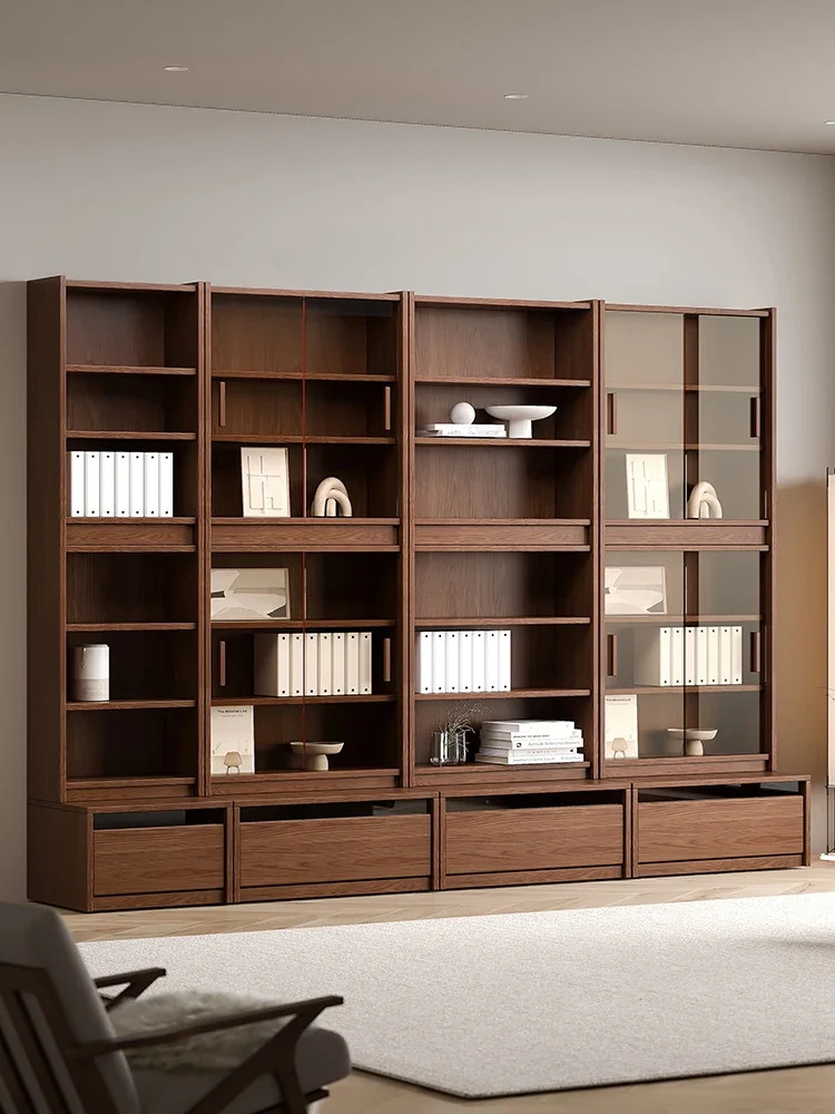 

All solid wood oak card seat combination bookcase, antique glass storage cabinet, floor-to-ceiling integrated to top study book