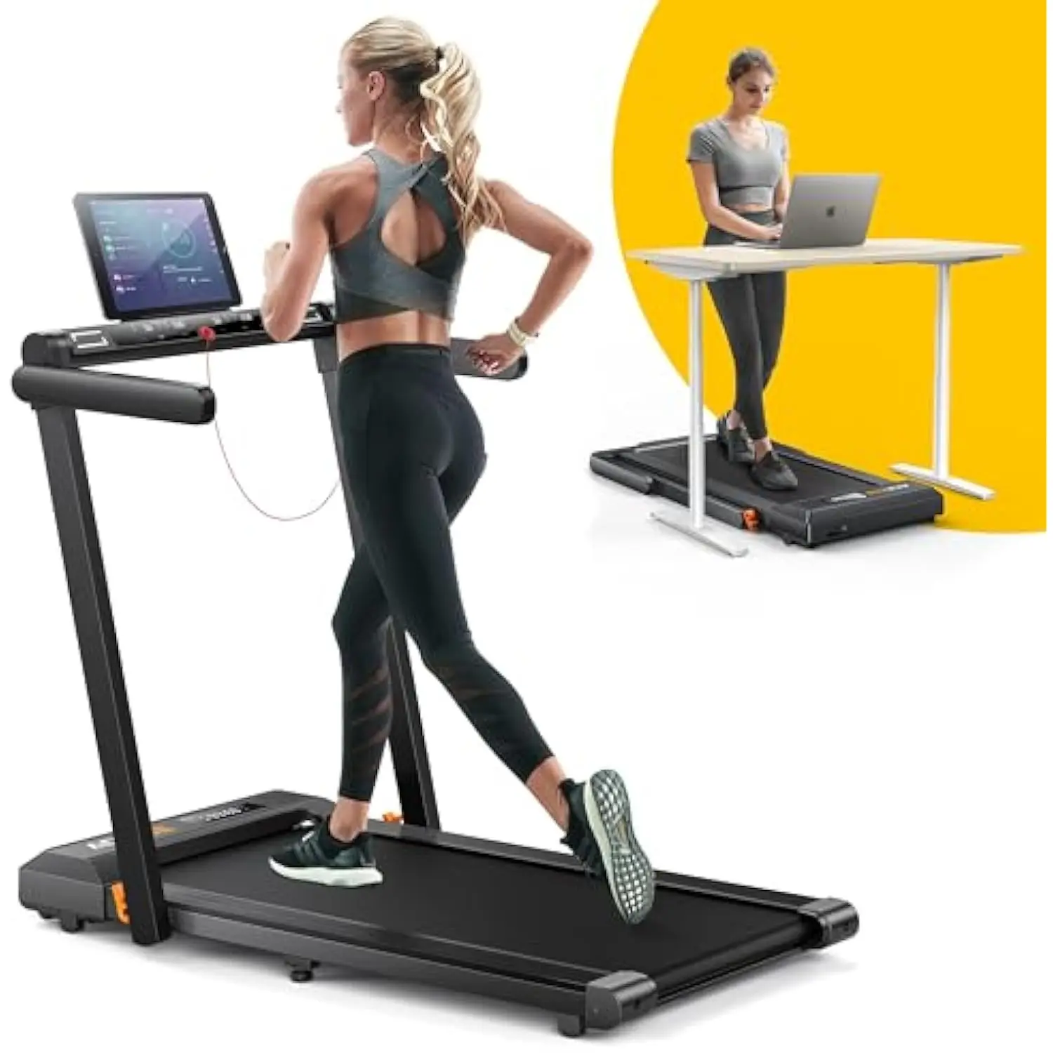 Cinta de correr plegable 2 en 1 para el hogar y la oficina pequeña, cinta de correr debajo del escritorio de 2.5HP con aplicaciones inteligentes, modos y pantalla táctil HIIT 12, P
