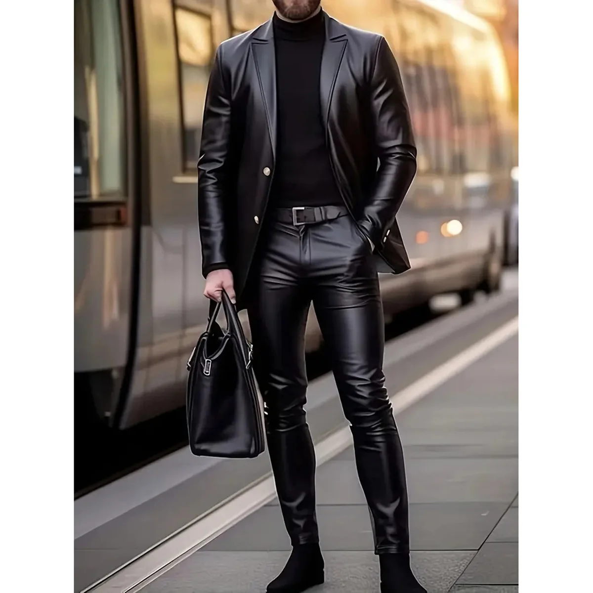 Cross border men's two-piece cycling trendy tight fitting waterproof motorcycle suit jacket leather pants