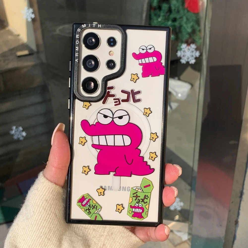 Cute Cartoon Crayon Shin-chan Magnetic Grip Holder Wireless Charge Phone Case For Samsung Galaxy S 26 25 24 23 Ultra Puls Cover