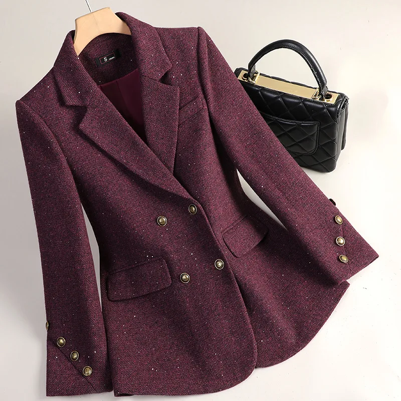 Women Wool Blazers Autumn Winter Jacket Coat New High-end Temperament Casual Suit Ladies Office Double Breasted Blazer Outerwear