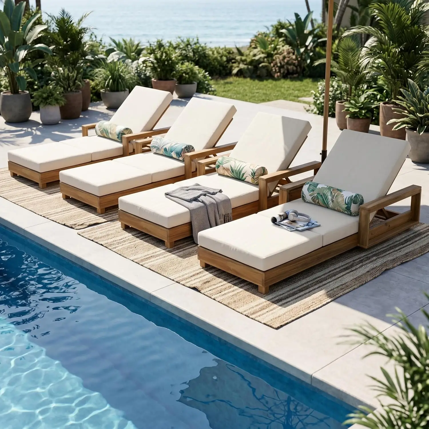 Acacia Wood Chaise Lounge with 4 Triple-Fold Cushion, Cream
