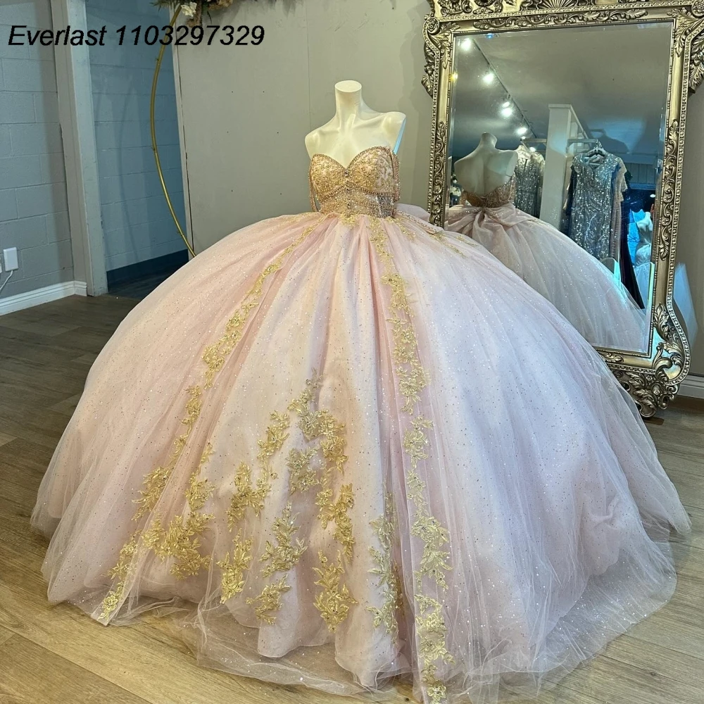 EVLAST ที่กําหนดเองสีชมพู Quinceanera Ball Gown ลูกไม้ทอง Applique ประดับด้วยลูกปัดโบว์รัดตัวหวาน 16 Vestido De 15 Anos TQD982