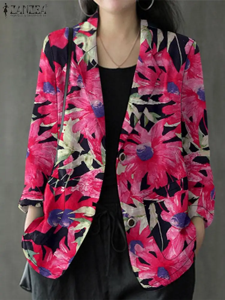 ZANZEA-blazer estampado floral para mulheres, jaquetas soltas casuais, casacos finos com gola lapela elegante, roupas vintage, manga longa, outono, 2024