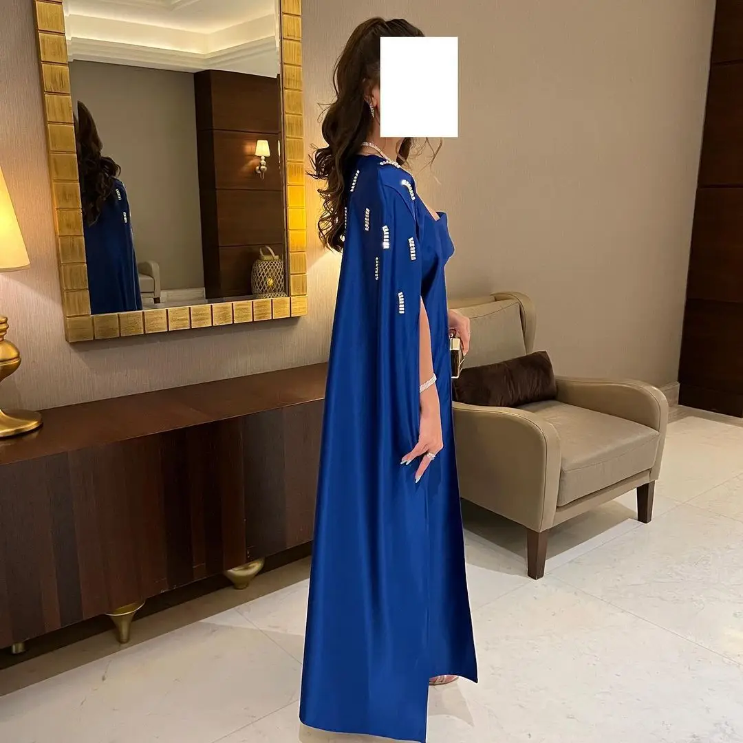 Robe de Rhsans bretelles vintage avec veste, robes d'occasion formelle, perles bleues royales, robes de soirée de tempérament