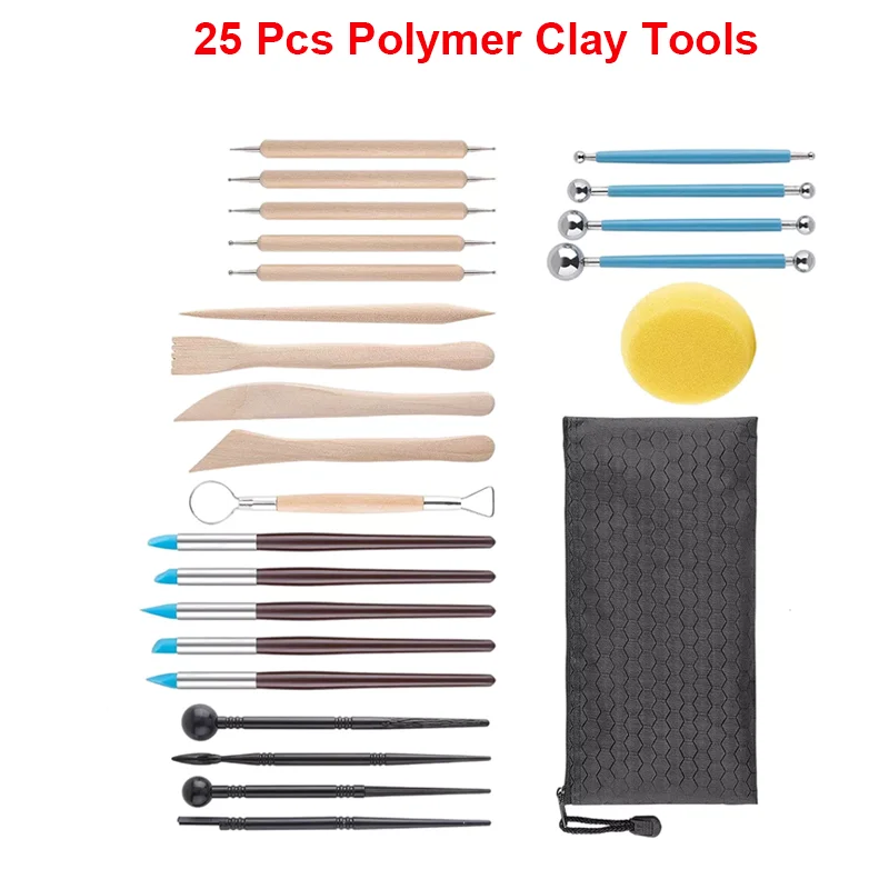 

25Pcs Polymer Clay Tools Sculpting Pottery Carving Tool kit Pottery Ceramics Wooden Handle Modeling Clay Tools for Adults