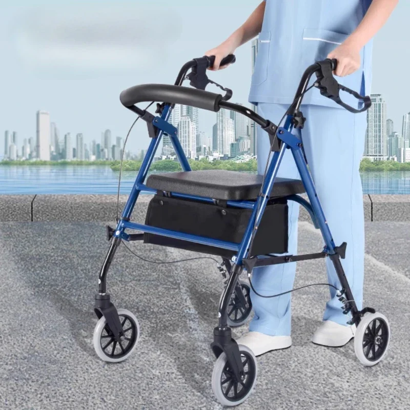 Aluminum Rollator Walkers with Seat for Seniors Locking Hand Brakes, Can Sit or Push Rehabilitation Four Wheel Foldable Rollator