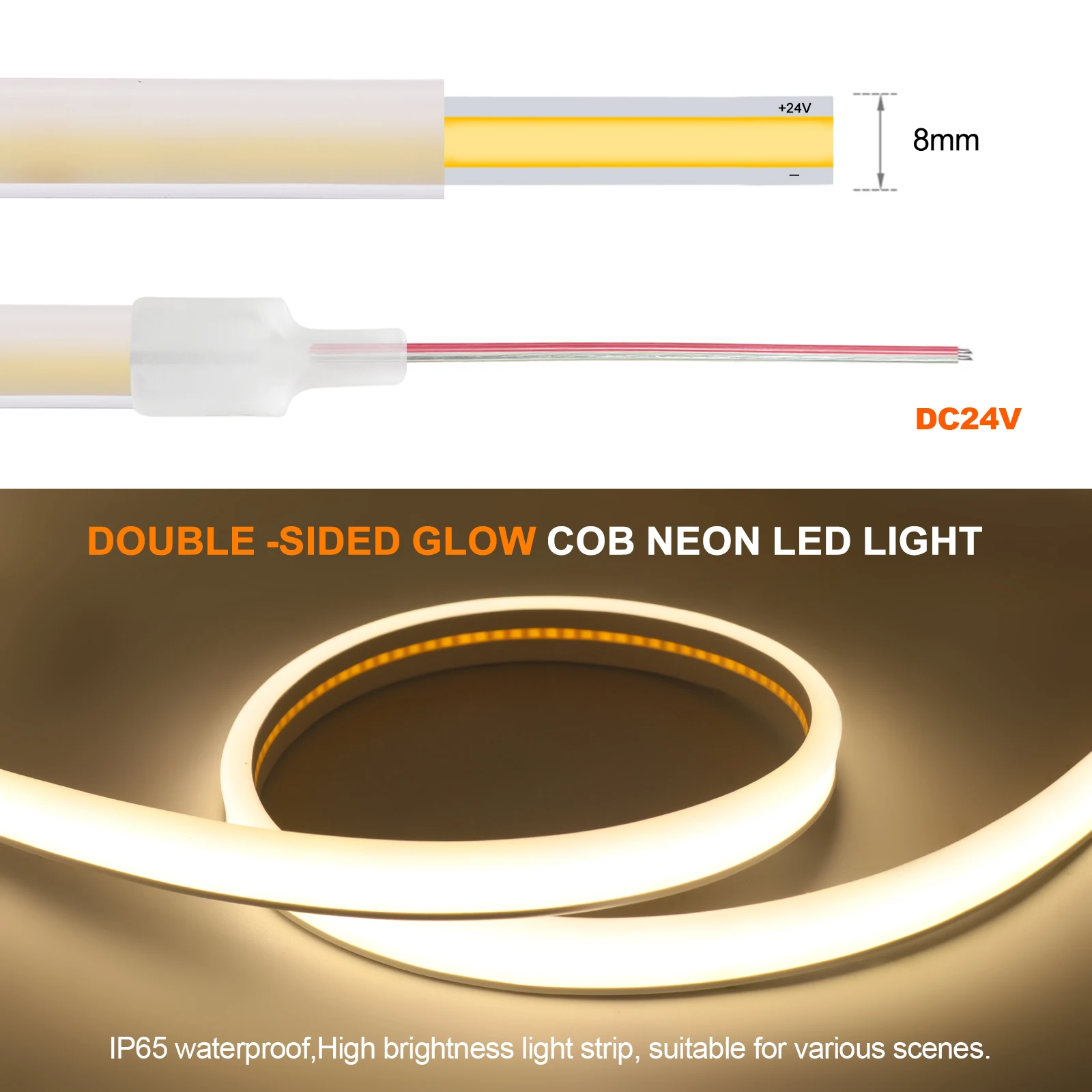 Double Side Glow COB LED Strip Light 12V 24V Waterproof Flexible LED Neon Tape 320LEDs High Density Linear Lighting 0.5-20M