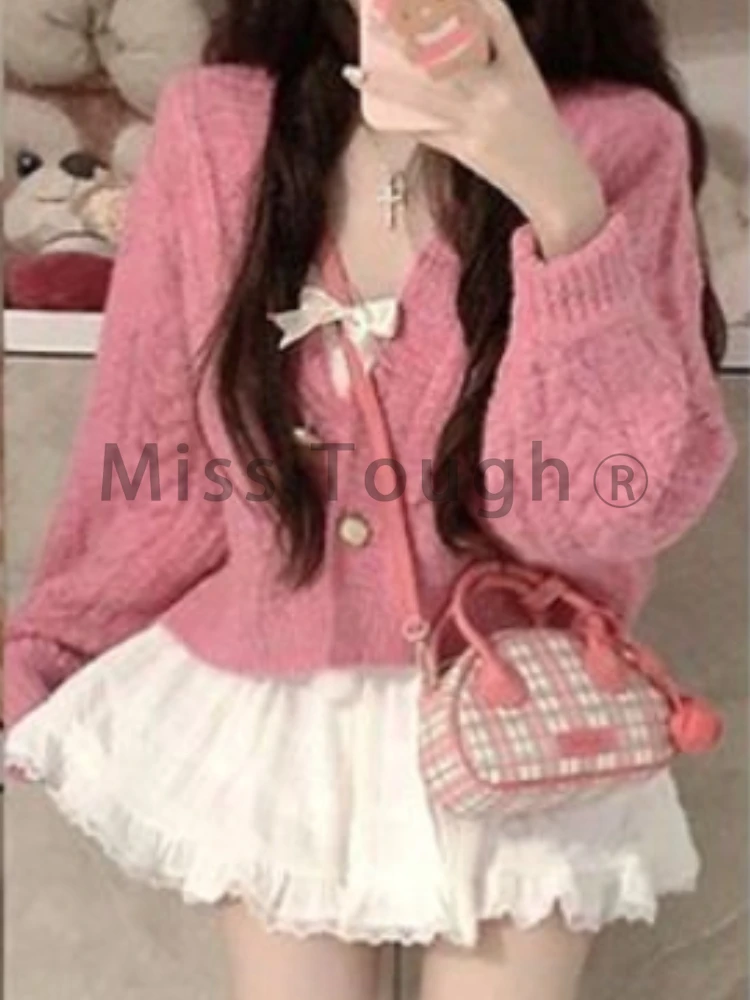 Japanese Kawaii Sweet 3 Piece Set Women Patchwork Vintage Lolita Mini Skirt Suit Female Korean Fashion Casual Set 2023 Winter