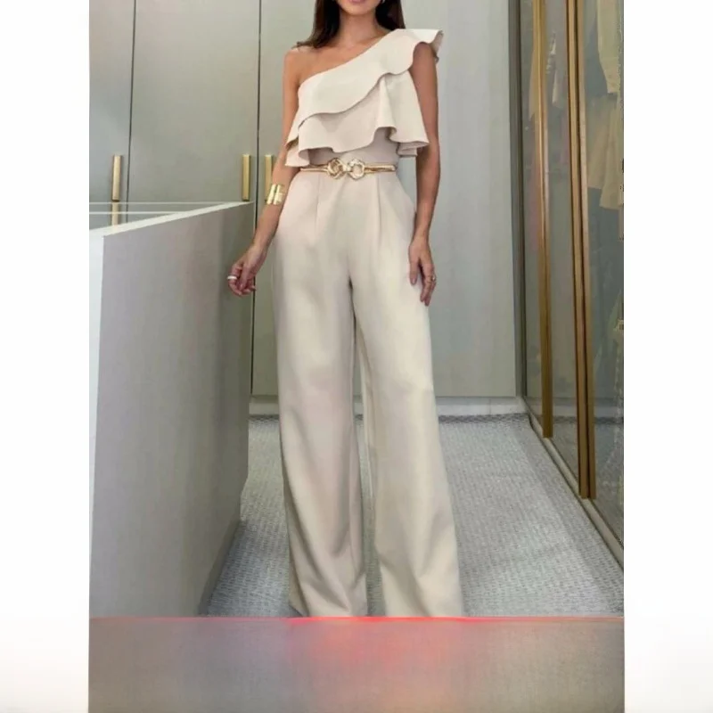 Abricot une épaule coupe ajustée combinaison femmes rue Sle taille mi-basse autre matériau 00% pantalons décontractés pour les femmes d'âge moyen