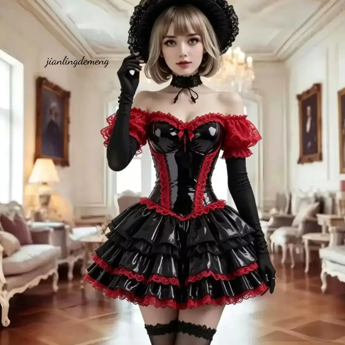 Sweet Gothic Prom Dress Black PVC Off Shoulder Red Lace Puff Sleeve Red Bow Tier Ruffle Mini Skirt Halloween Cosplay Customized