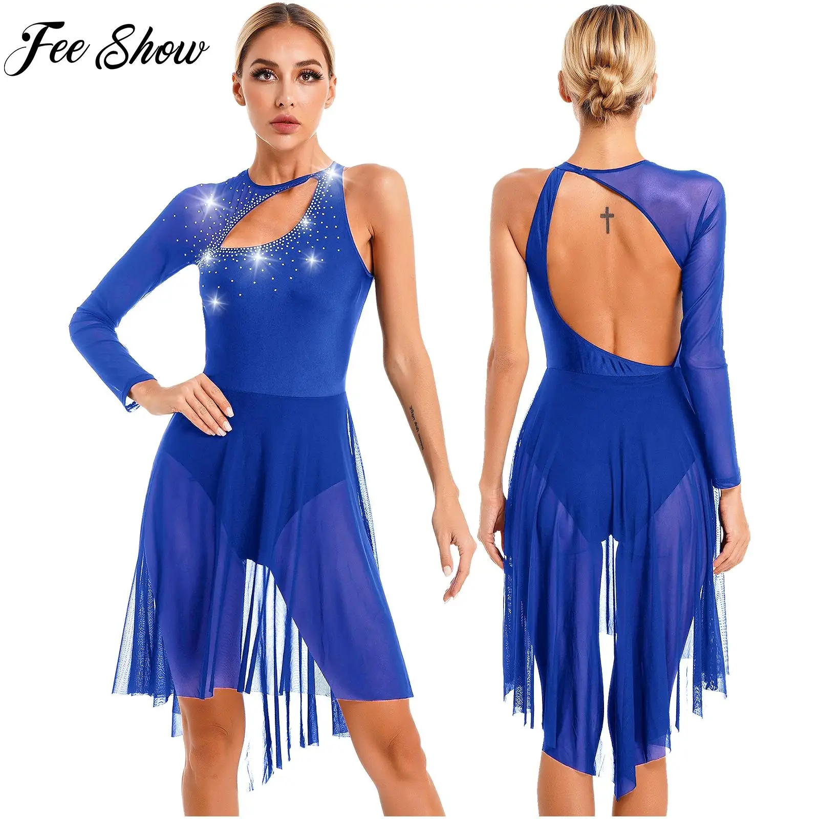 

Women's Figure Skating Costume Glitter Rhinestone Cutout Leotard Dress One Shoulder Long Sleeve Lyrical Modern Dance Dresses