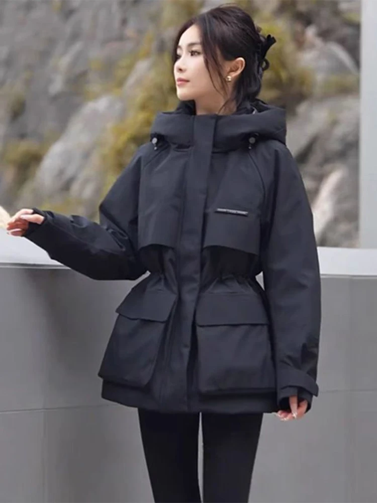 

Женская зимняя утепленная повседневная куртка свободного кроя с капюшоном на молнии, цветная