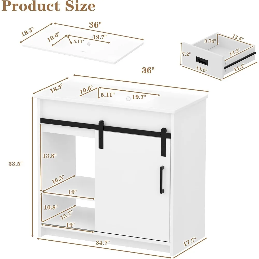 36 Inch Bathroom Vanity with Ceramic Sink, Farmhouse Cabinet with Drawers and Sliding Door, White