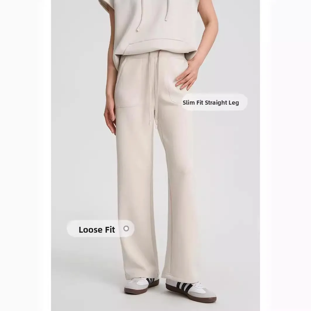 

High Waist Dstring Wide Leg Pants Straight Cut Casual Trousers Comfortable Fit Spring Faion ket Detail Polyester