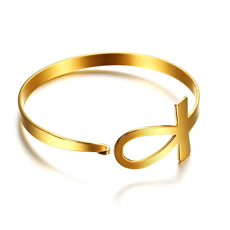 Vnox Ankh Cross Bracelet for Women Stainless Steel Key of Life Bangle Bracelet Female Egypt Religious Jewelry 2.3\
