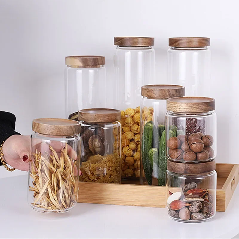 Wood Lid Glass Airtight Canister Kitchen Storage Bottles Jar Sealed Food Container Tea Coffee Beans Grains Candy Jars Containers