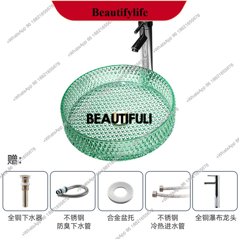 

F185 Round Countertop Wash Hand Basin Translucent Tempered Glass Basin with Retractable Sink Bathroom Sink Basin for Bathroom