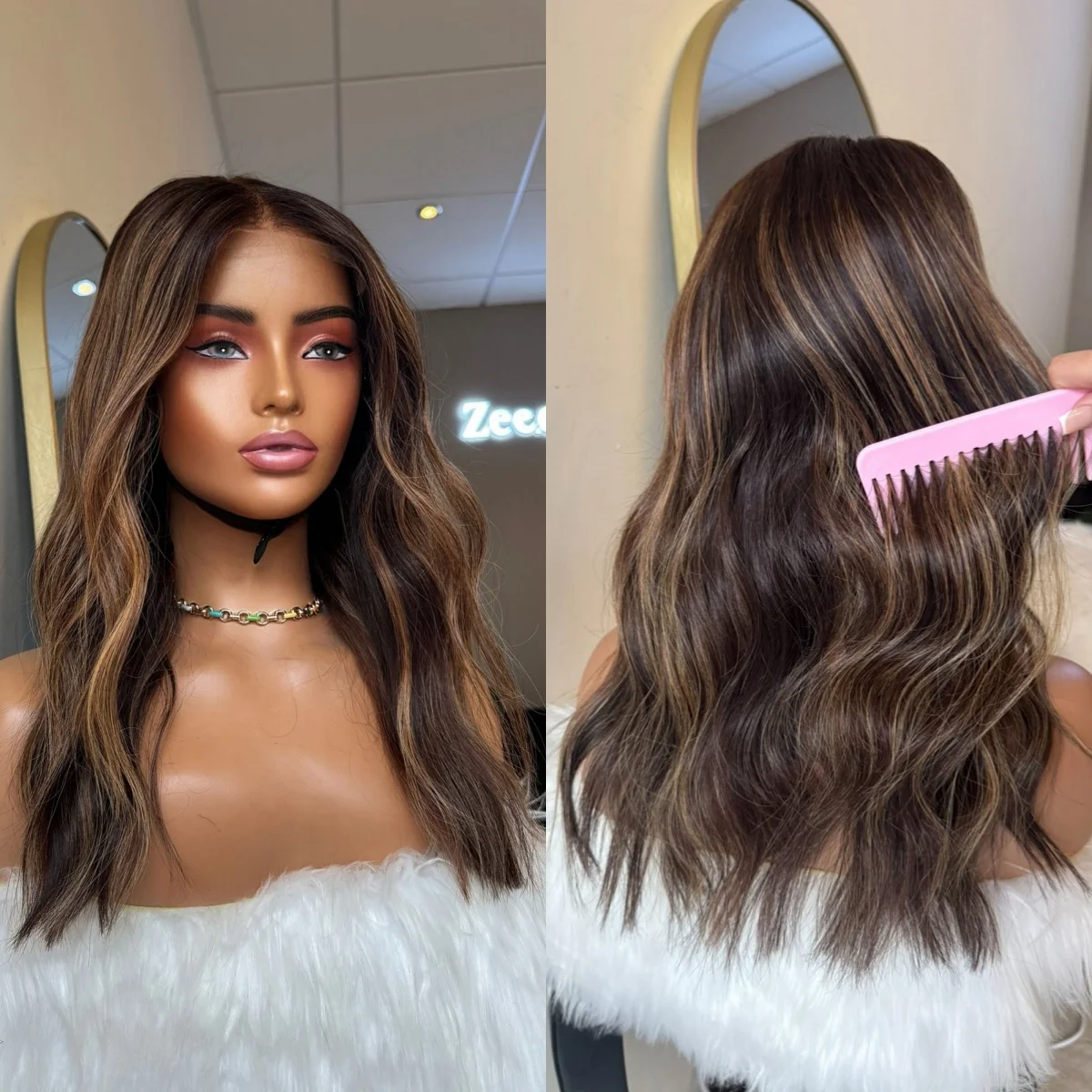 

Balayage Chestnut Brown Highlights Lace Top Wigs 18 Inches Glueless Wigs Synthetic Hair Medium Length Deep Wave Brunette Fibre
