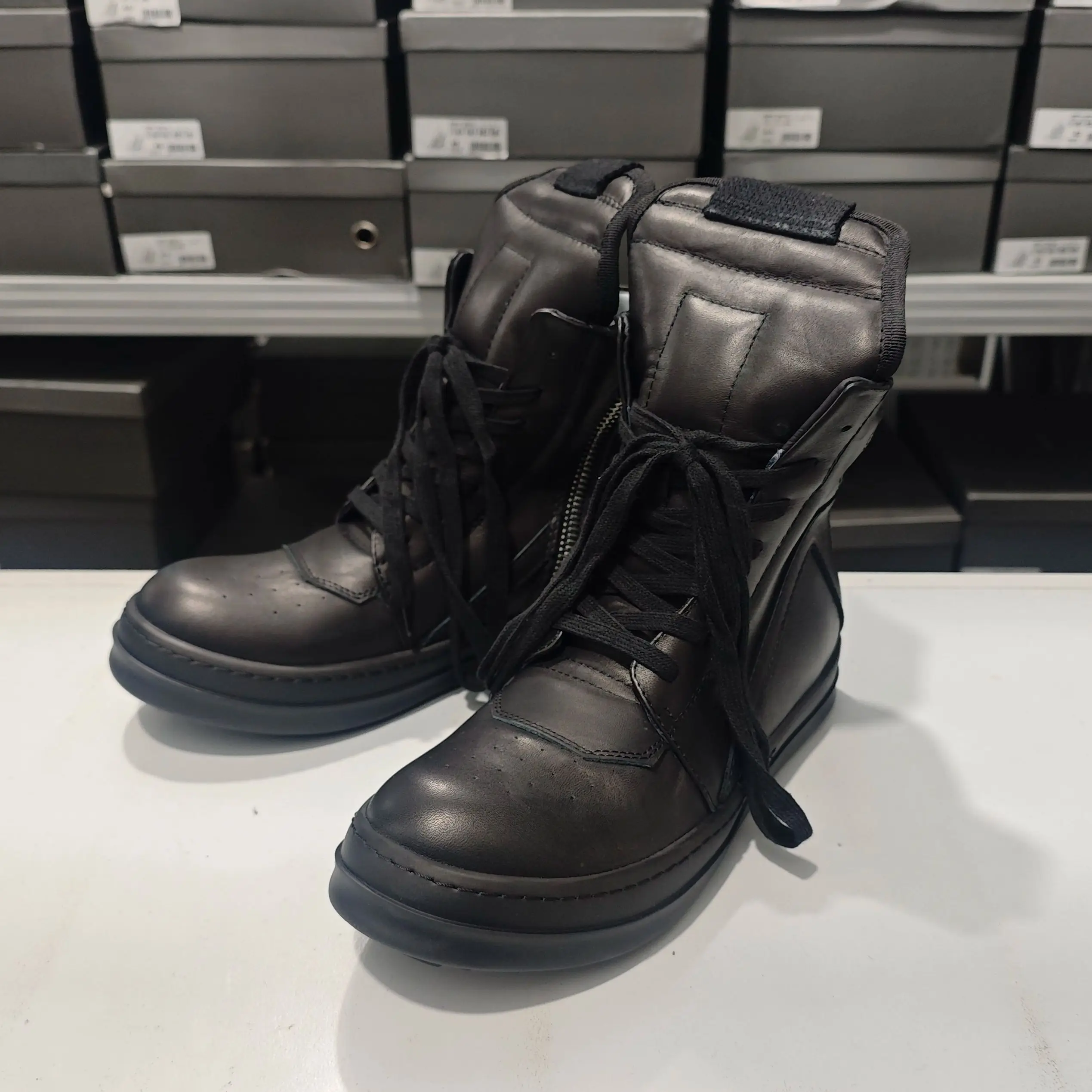 2026 Retro Trend Solid Black Inverted Triangle High Top Boots, Couple Platform Elevated Side Zipper Leather  Sneaker Boots