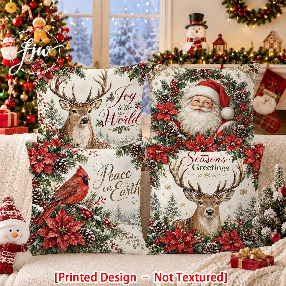 2/4pc Christmas Throw Pillow Covers Vintage Farmhouse Cushion Cases with Santa Deer Cardinal Holiday Decor for Home Sofa Couch