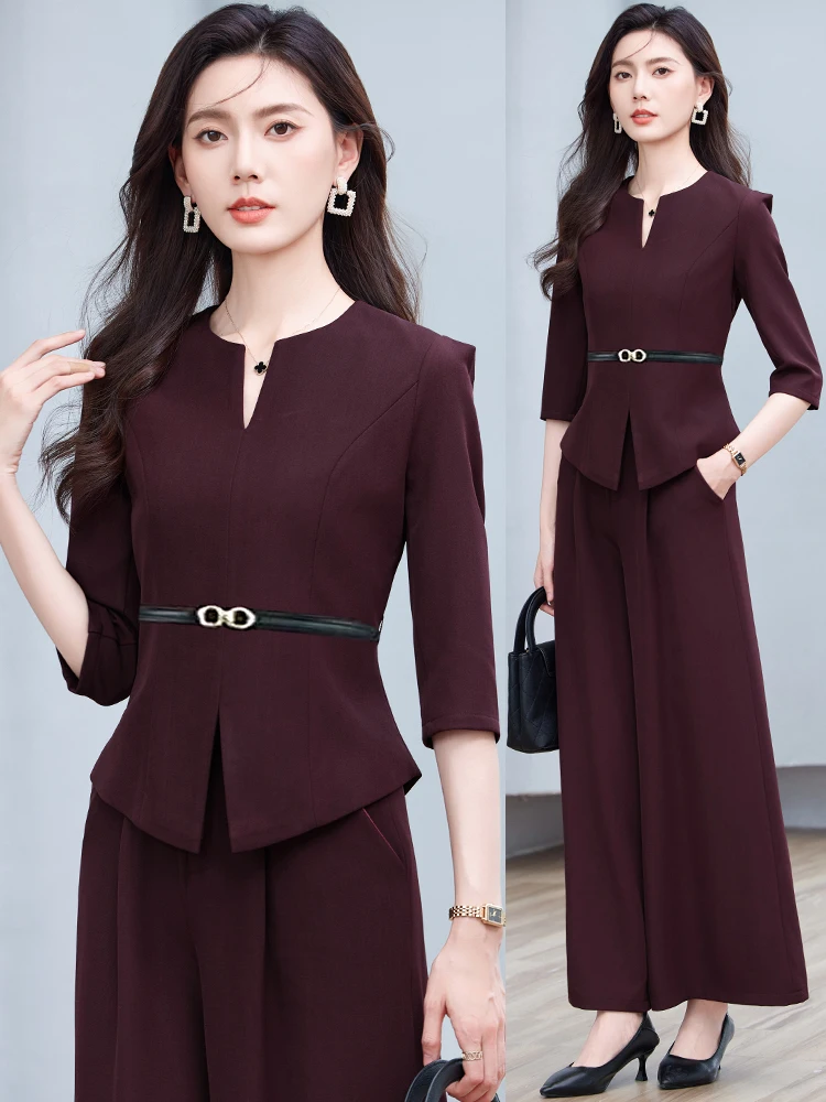 Elegant Women's Suit Set High Waist Wide Leg Pants Seven Sleeve Zipper Closure V-Neck Business Casual Outfit Two Piece Set