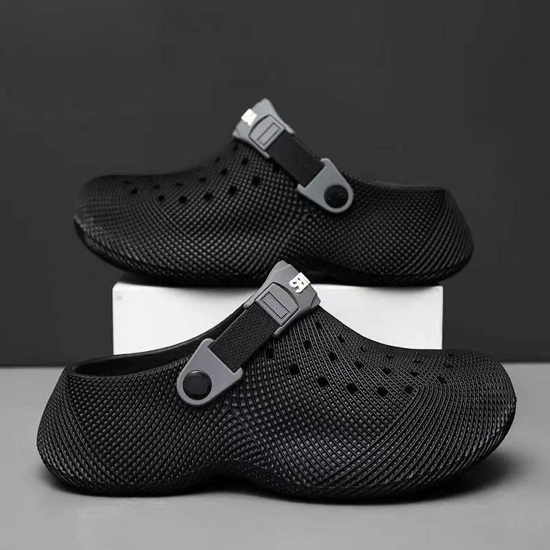 Men Summer Clogs 3D Mesh Texture Perforated Design Slip On Sandals Adjustable Heel Strap Breathable Shoes (Order One Size Up)