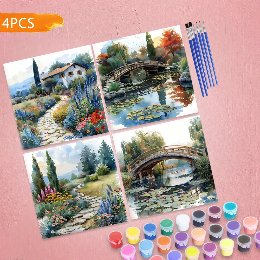 HUACAN 4PCS Haus Landschaft Erwachsene Anzahl Malerei Färbung Auf Leinwand Garten Natur Brücke Weihnachten Geschenke Hause Dekoration