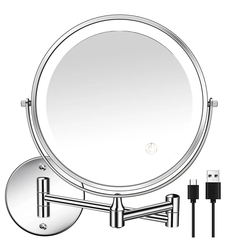 

8In Chargeable Wall Mounted Vanity/Bathroom Double Side Mirror 1X/10X Enlarge LED&3Color Temp Touch Screen 360° Rotat