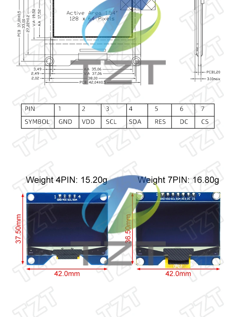 TZT 1,54 Zoll 4PIN 7PIN Weiß Blau OLED-Bildschirmmodul CH1116 Treiber-IC Kompatibel mit SSD1306 SPI-Schnittstelle 128*64 – Detail 3