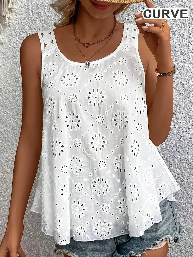 

Plus Size 1XL-5XL Tops Ladies Elegant Intricate Hollow-Out Embroidery Tank Top Women's Fashion Solid Color Sleeveless Tank