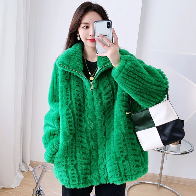 Cappotto di pelliccia verde donna sciolto Casual 2022 inverno nuova tendenza moda risvolto manica lunga giacca di colore solido femminile