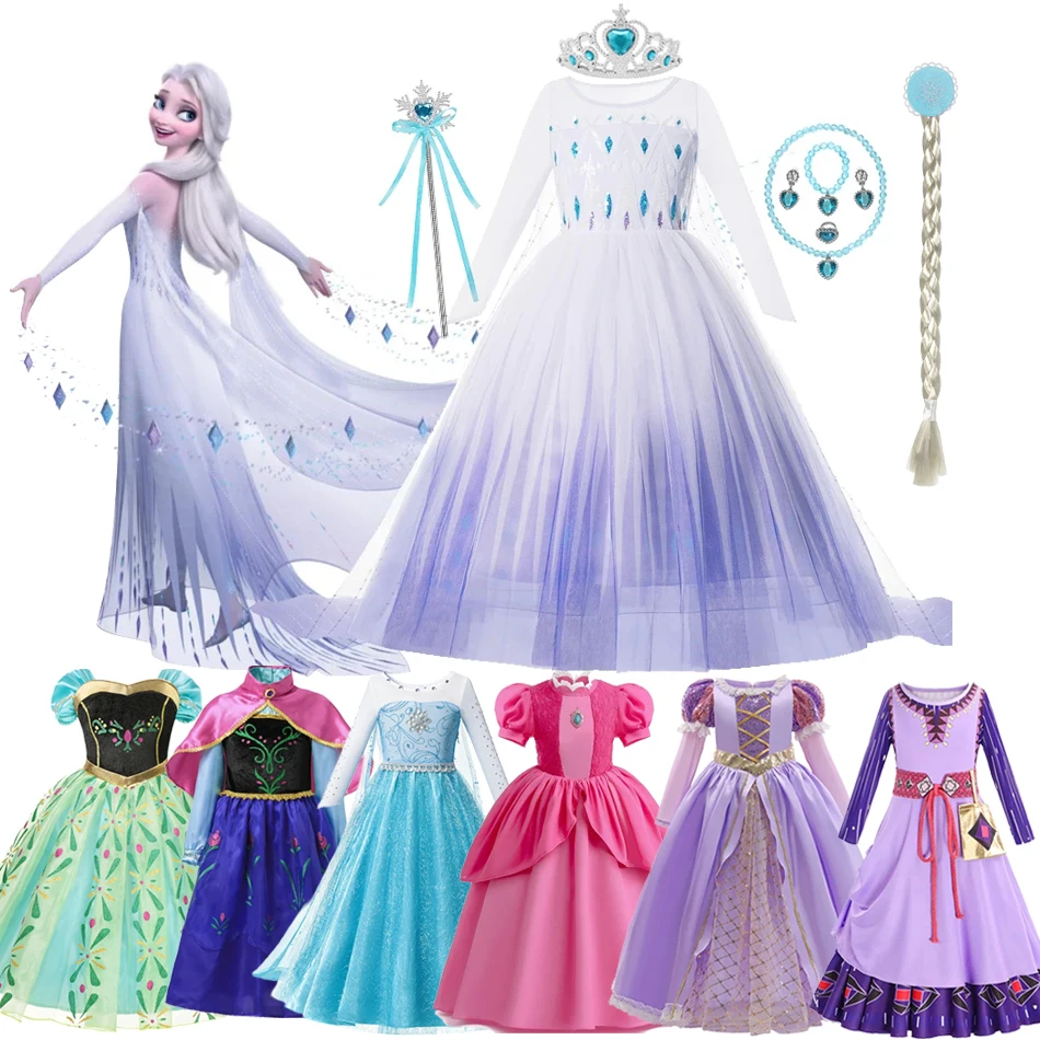 

Disney Frozen Elsa Princess Dress Girl Kids Rapunzel Wish Asha Cosplay Clothing Belle Anna Mermaid Ariel Jasmine Aurora Costume