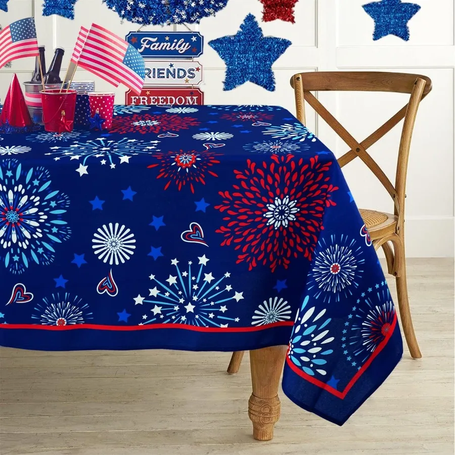 

of July Tablecloth Patriotic Decorations Red White and Blue Print Fireworks Memorial Day Backed Table Cloth American Flag Indo