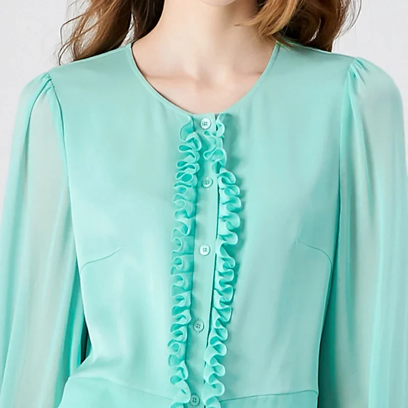 (خصم حصري للمشجعين) بلوزات VOA باللون الأخضر الحريري برقبة دائرية وأكمام طويلة قميص فطر شجرة صالحة للأكل بصدر واحد ربيع BE1358